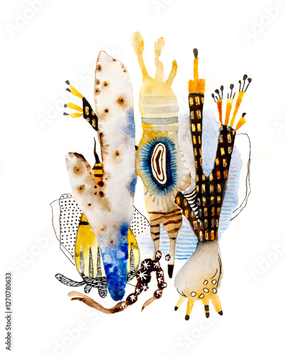 Abstract watercolor painting of unusual plant shapes in blue, yellow, and black. photo