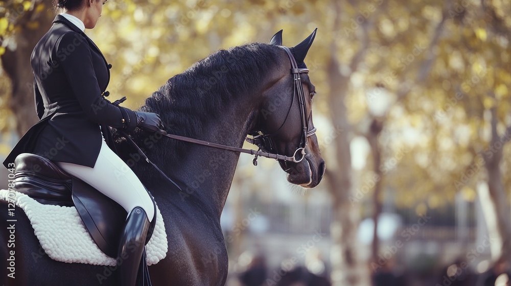 Obraz premium Equestrian rider on black horse, autumn park, competition background, stock photo