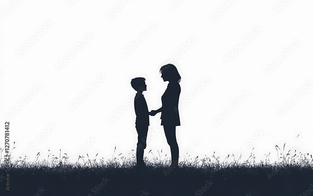 Silhouette of Mother and Son Holding Hands in Field Silhouette of Mother and Son Holding Hands in Field