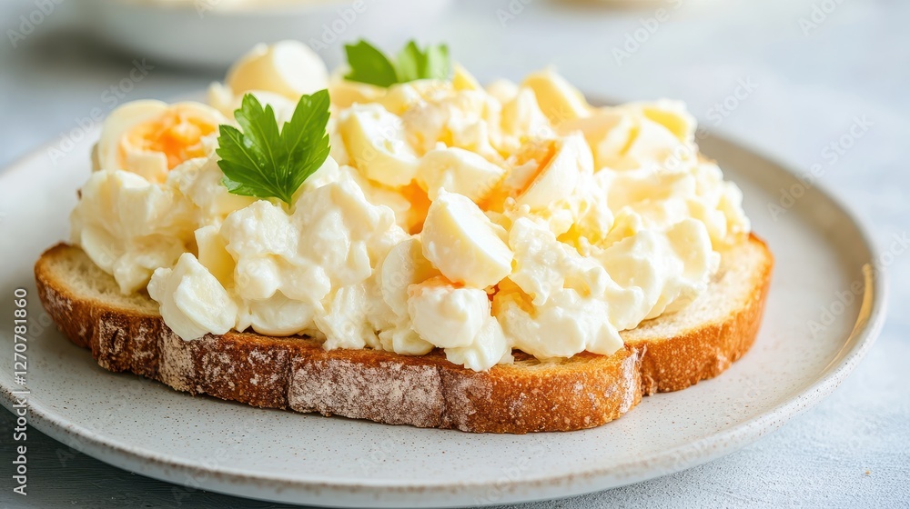 Fresh Creamy Egg Salad on Toasted Bread with Rustic Plate Setting Fresh Creamy Egg Salad on Toasted Bread with Rustic Plate Setting