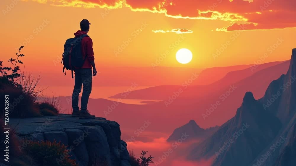 Man hiker wearing a backpack standing on top of the mountain looking at sunset Man hiker wearing a backpack standing on top of the mountain looking at sunset