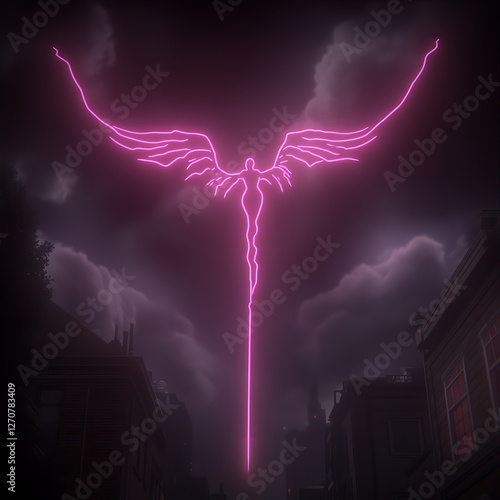 Neon Angel Guardian Overlooking Foggy Cityscape at Twilight Under Dramatic Cloudy Skies Above Buildings