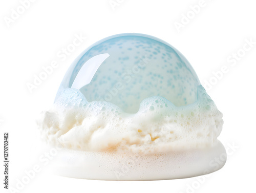 Abstract dome-shaped dessert with a light blue translucent top and a white foamy base. Isolated on transparent background photo