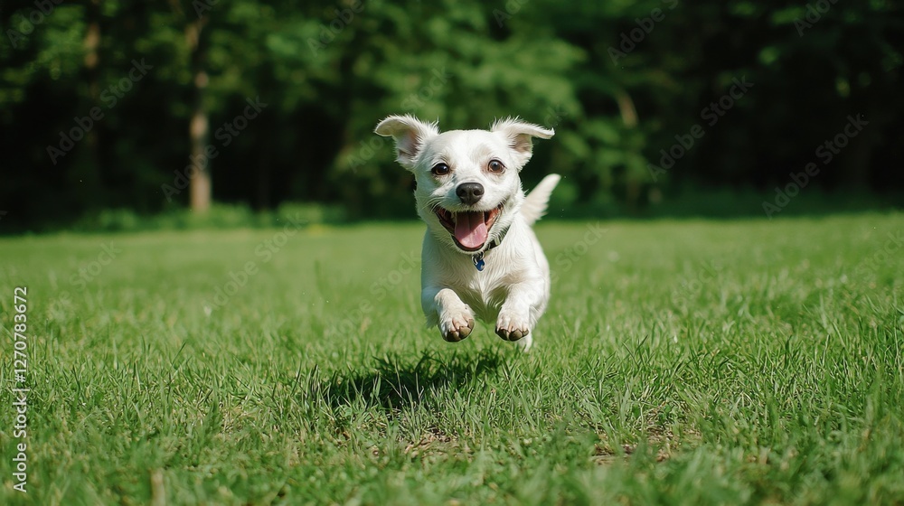 A joyful dog runs happily across a green lawn, showcasing its playful nature in a vibrant outdoor setting. A joyful dog runs happily across a green lawn, showcasing its playful nature in a vibrant outdoor setting.