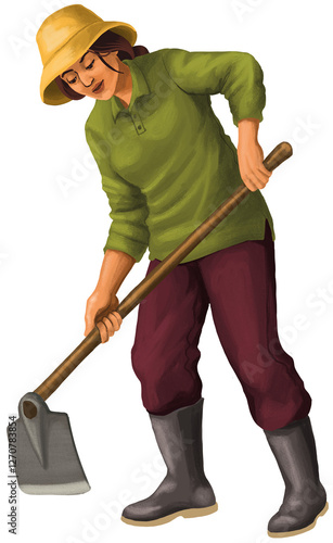 Canvas Print Woman Farmer Hoeing The Ground for Planting Illustration