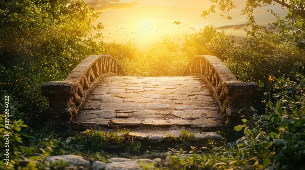 Obraz premium Serene Stone Bridge Surrounded by Lush Greenery at Sunset