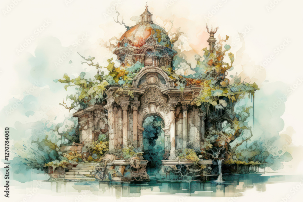 building in an ancient park, watercolor on a white background,.Generative AI building in an ancient park, watercolor on a white background,.Generative AI