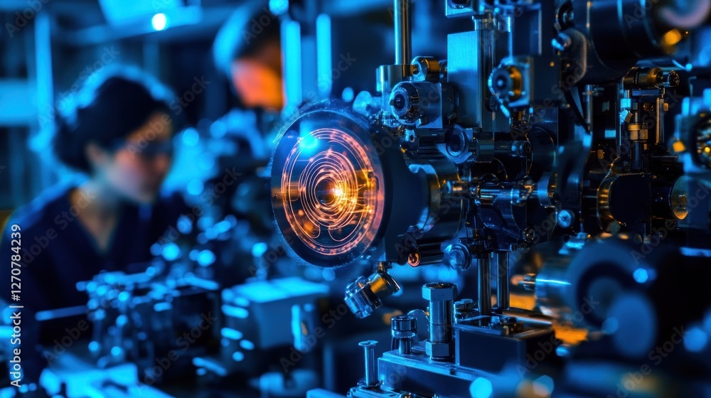 Scientists inspect advanced machinery in a high-tech lab; futuristic background