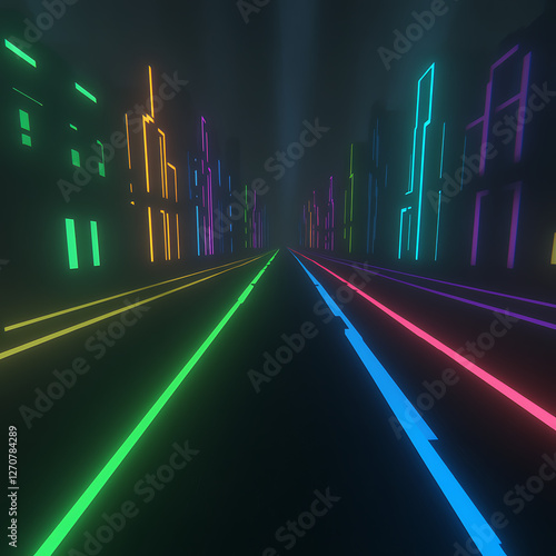 Neon Cityscape Perspective With Illuminated Roads And Futuristic Building Outlines At Night