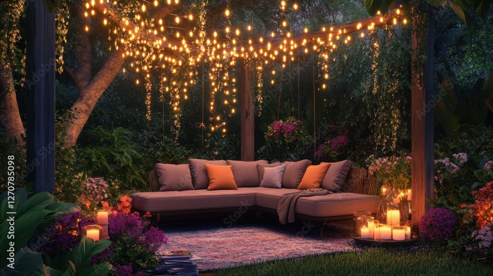 Obraz premium Magical outdoor lounge with fairy lights strung above a cozy sofa, nestled in a vibrant garden setting