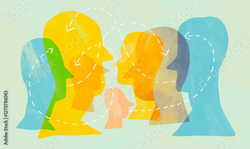 Minimalistic abstract illustration of colorful profiles representing human diversity and connection