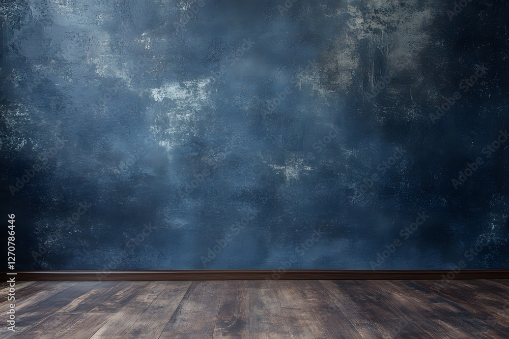 Dark blue textured wall, wooden floor, studio backdrop Dark blue textured wall, wooden floor, studio backdrop