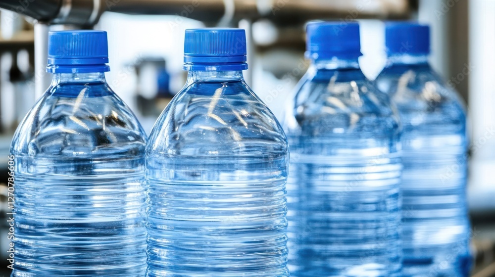 Water bottles on conveyor belt, factory production line, clear plastic, healthy hydration Water bottles on conveyor belt, factory production line, clear plastic, healthy hydration