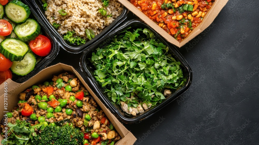 A vibrant display of healthy meal prep containers featuring grains, vegetables, and fresh greens on a dark surface. A vibrant display of healthy meal prep containers featuring grains, vegetables, and fresh greens on a dark surface.