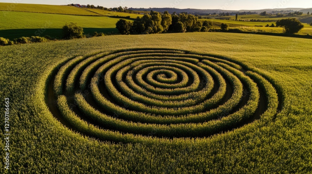 Spiral crop pattern in field, rural landscape. Spiral crop pattern in field, rural landscape.