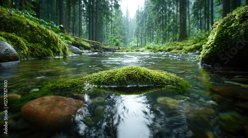 Tranquil forest stream, mossy rocks, nature scene, background serene, ideal for travel brochures