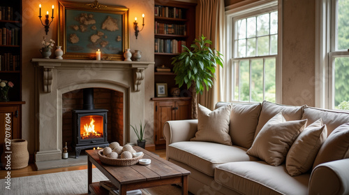 Wallpaper Mural A cozy room in a country house with a soft sofa and a burning fireplace, a calm, peaceful atmosphere Torontodigital.ca