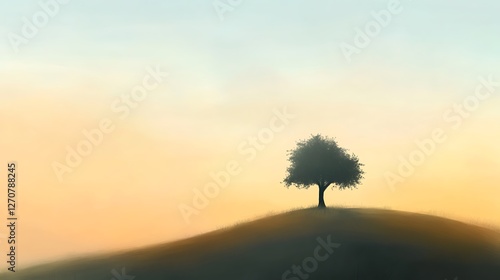 Solitary tree on hill at sunset with blurred background for contemplation, peace, nature projects