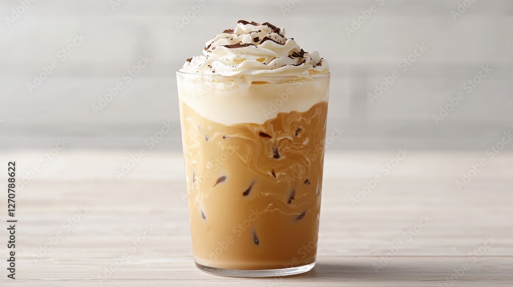 A delicious iced coffee topped with whipped cream and chocolate shavings, served in a clear glass against a neutral background. A delicious iced coffee topped with whipped cream and chocolate shavings, served in a clear glass against a neutral background.