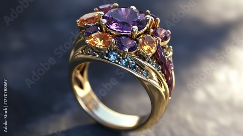 Gold ring with amethyst and topaz gems. Jewelry photography photo