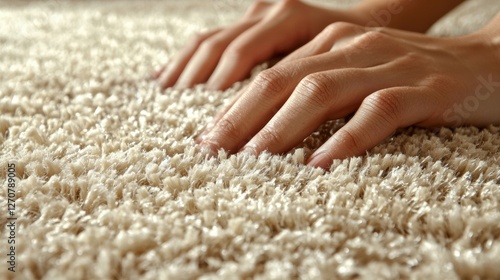 Close-up of hands touching soft carpet texture