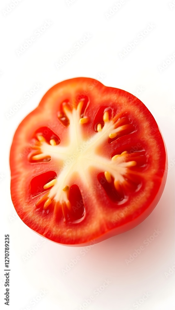 Closeup view of a sliced red tomato showcasing its seeds and interior structure Closeup view of a sliced red tomato showcasing its seeds and interior structure