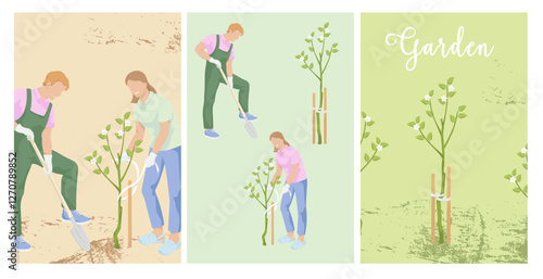 Gardening poster templates.Man and women Gardening. Man with a shovel. Apple tree seedling. Set Elements for background, brochure covers, marketing materials, postcards