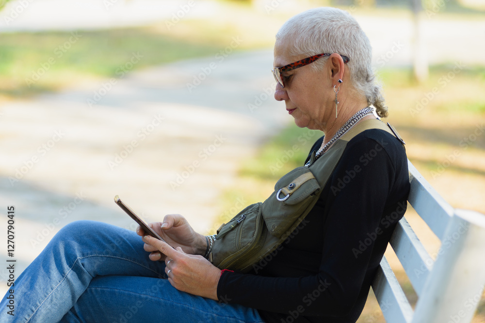 Fototapeta premium Middle-aged lesbian woman sitting on a park bench checks her cell phone.