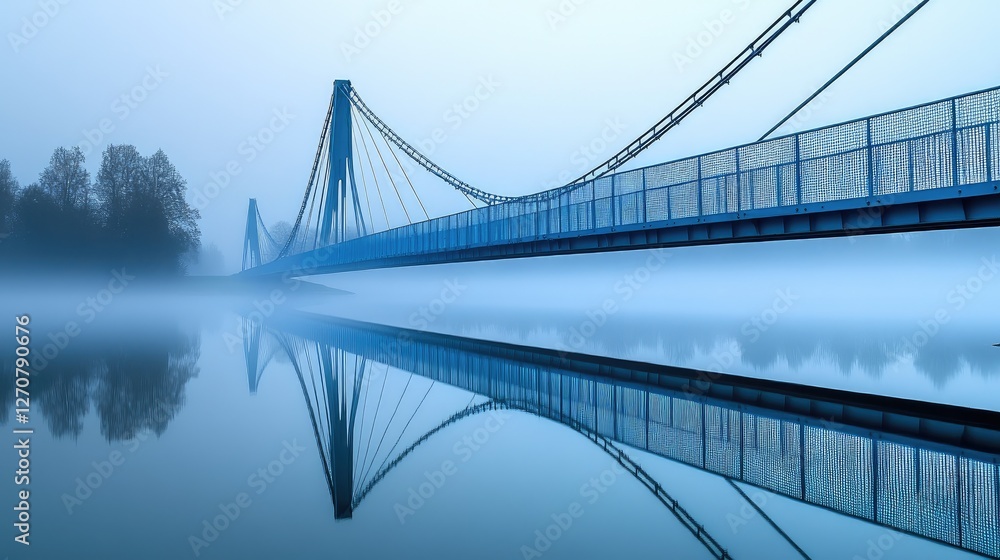 Fototapeta premium A blue bridge stretching over a misty river at dawn.
