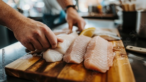 Chef preparing fresh fish fillets on wooden board, restaurant kitchen background