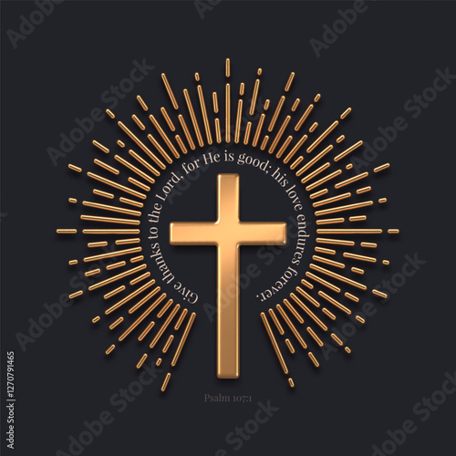 Golden latin religious cross with sunburst and psalm quote. 3d gold metal catholic cross. Vector illustration.