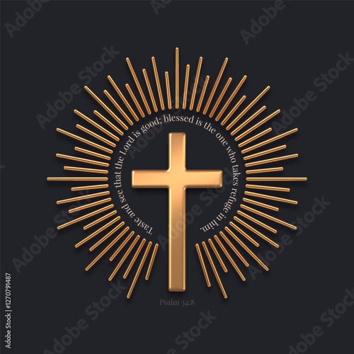 3d gold metal catholic cross with sunburst and psalm quote. Golden latin religious cross. Vector illustration.
