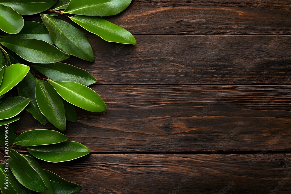 Lush green leaves on dark wood; copy space Lush green leaves on dark wood; copy space