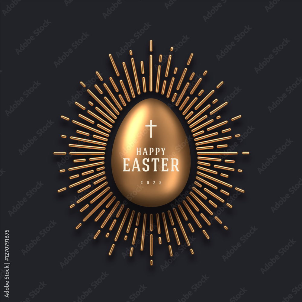 Fototapeta premium Easter greeting card design. 3d golden egg with type design and sunburst. Vector illustration.