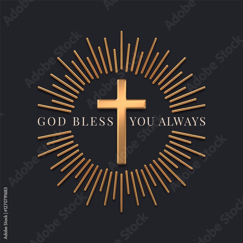 Golden religious cross with sunburst and religious quote. 3d gold metal latin catholic cross. Vector illustration.