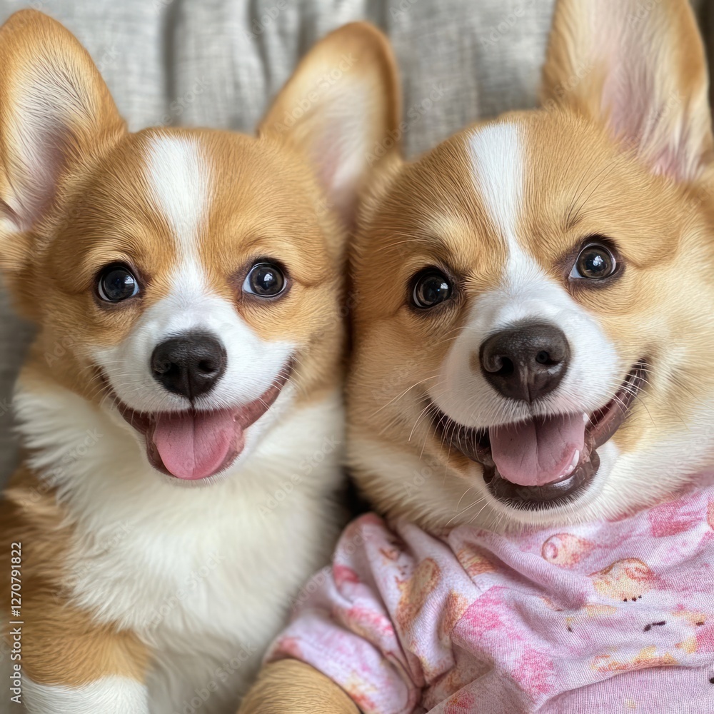Two happy corgis cuddling indoors. Perfect for pet, dog, or animal themed content Two happy corgis cuddling indoors. Perfect for pet, dog, or animal themed content