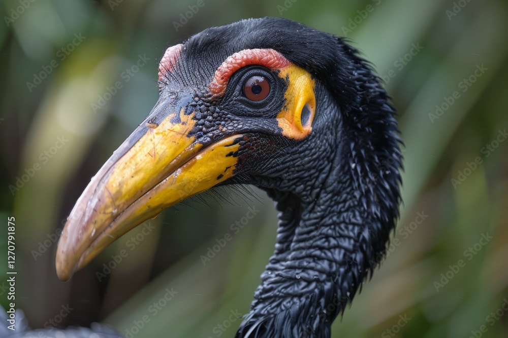 Fototapeta premium Portrait dodo bird with striking yellow black beak, bright red eyes, textured feather details. Close-up captures bird natural, exotic beauty, enhancing its unique extinct status in vibrant, lifelike.