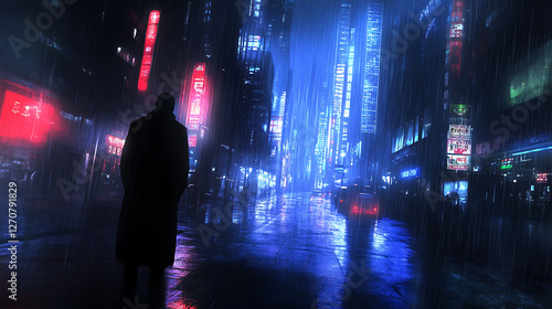 Noir Urban Scene Silhouette of a Figure in Dark Coat Reflective Wet Street Under Neon Light and Rain