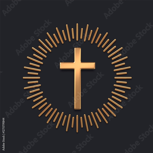 Golden latin religious cross with sunburst. 3d gold metal catholic cross. Vector illustration.