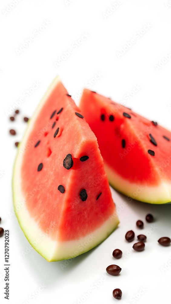 Extreme closeup of fresh watermelon slices with black seeds on a clean surface Extreme closeup of fresh watermelon slices with black seeds on a clean surface