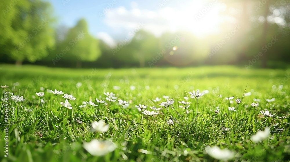 Fototapeta premium Bright Spring Meadow with Wildflowers and Soft Sunlight Glowing