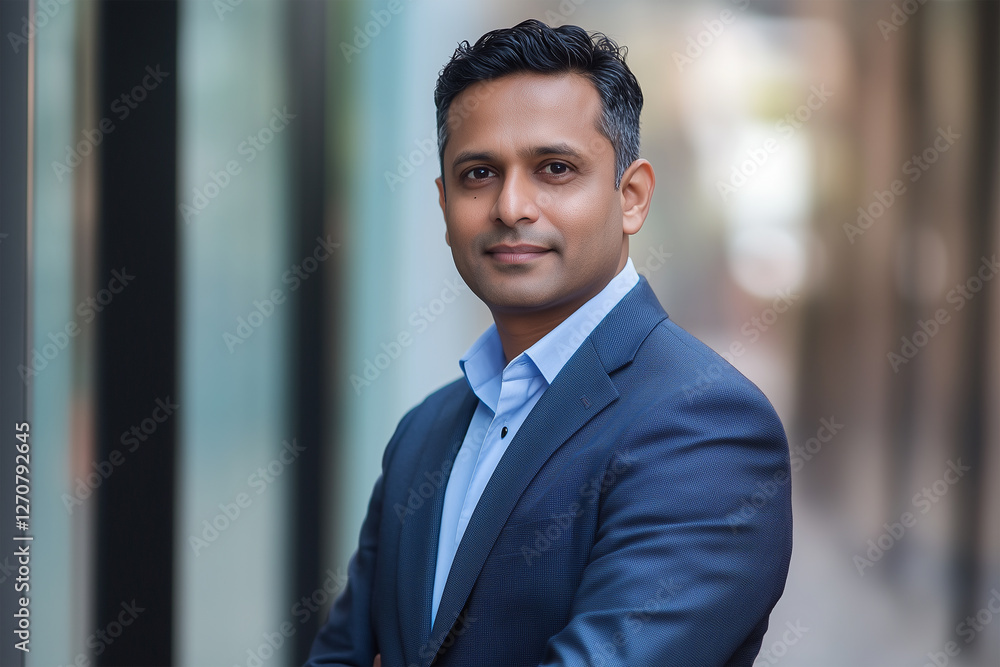Portrait of a handsome smiling asian indian businessman boss in a suit standing in his modern business company office Portrait of a handsome smiling asian indian businessman boss in a suit standing in his modern business company office
