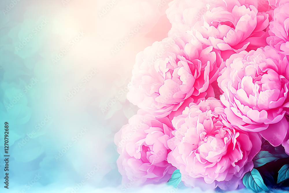 Beautiful bouquet of pink flowers is displayed on a blue background. The flowers are arranged in a way that they appear to be floating in the air, creating a sense of lightness and delicacy Beautiful bouquet of pink flowers is displayed on a blue background. The flowers are arranged in a way that they appear to be floating in the air, creating a sense of lightness and delicacy