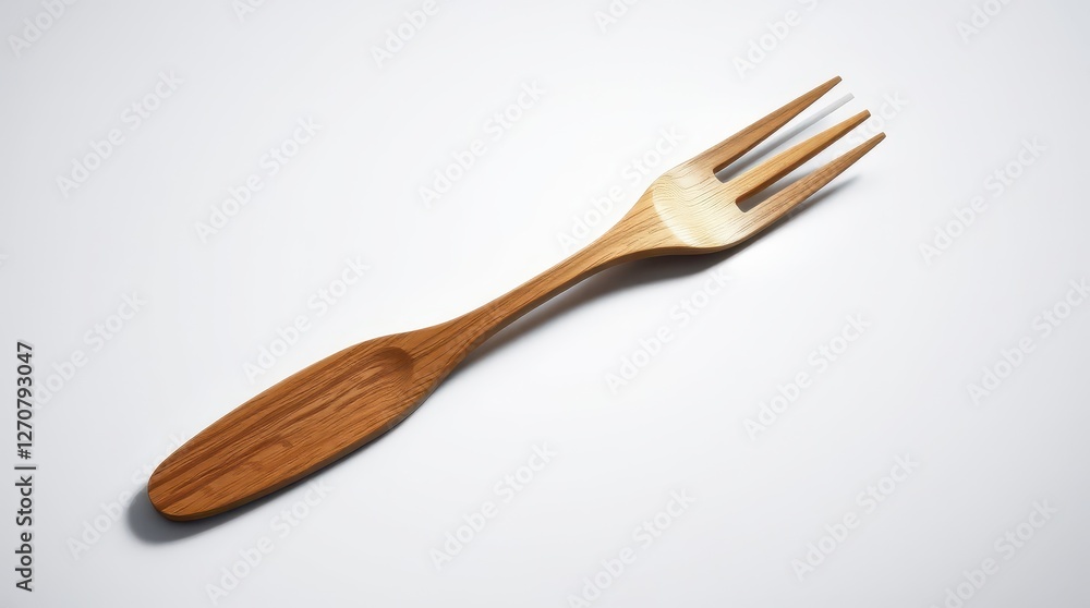 Handcrafted Wooden Fork on White Background