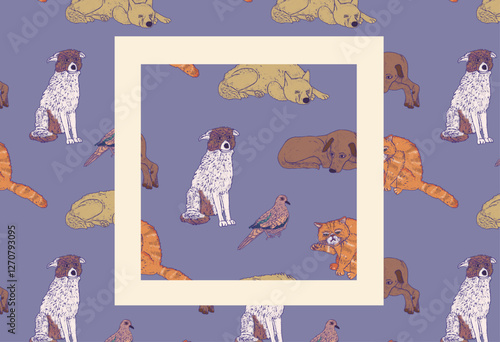 Pets texture. Seamless illustration pattern with dogs, cats and birds. Hand drawn vintage style