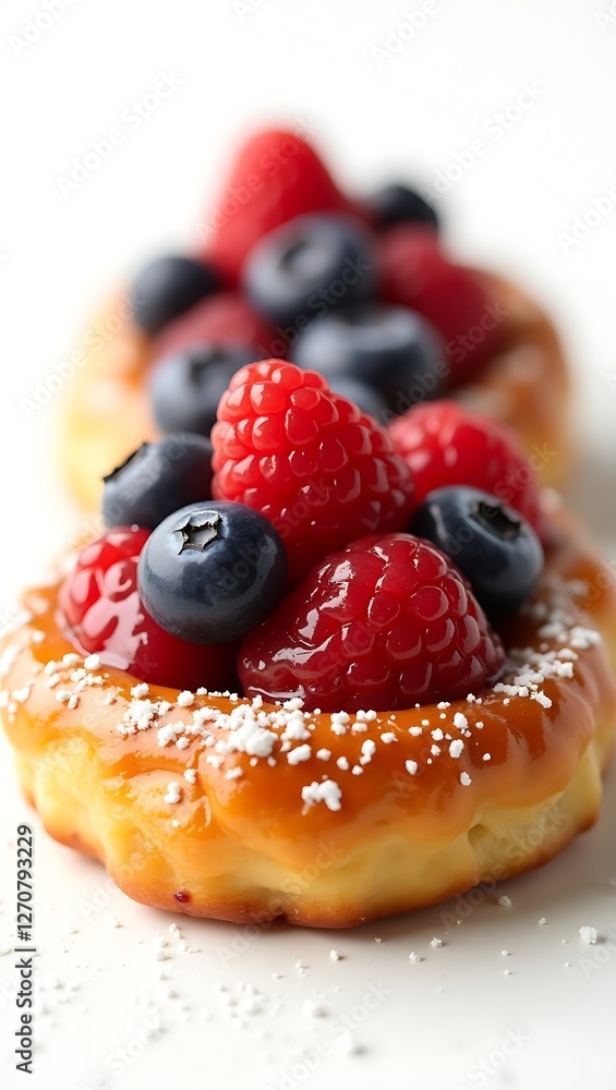 Closeup of delicious pastry topped with fresh raspberries and blueberries Closeup of delicious pastry topped with fresh raspberries and blueberries