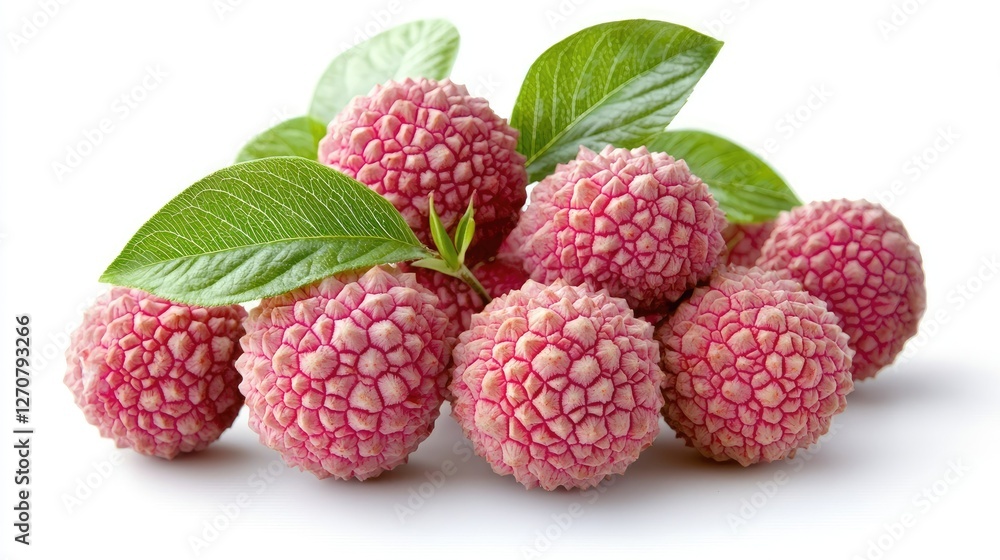Fresh lychees with leaves, white background, healthy snack Fresh lychees with leaves, white background, healthy snack