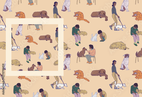 Adopt a pet from a shelter home illustration. Folk hand drawn seamless pattern. Old lonely women and children are happy with dogs and cats.
