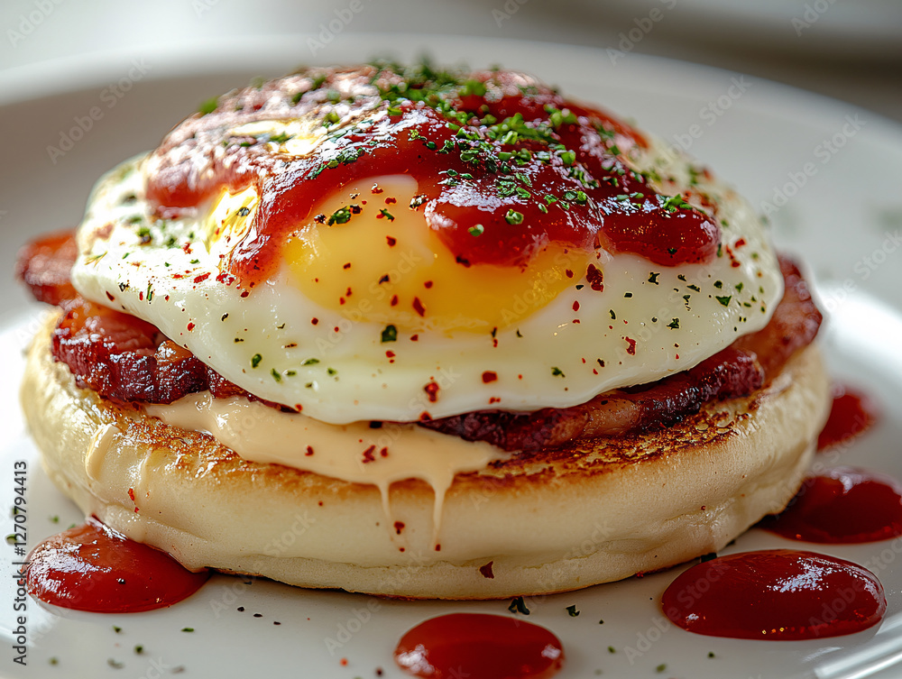 a breakfast dish with a fried egg on a muffin, drizzled with sauce and sprinkled with pepper. a breakfast dish with a fried egg on a muffin, drizzled with sauce and sprinkled with pepper.