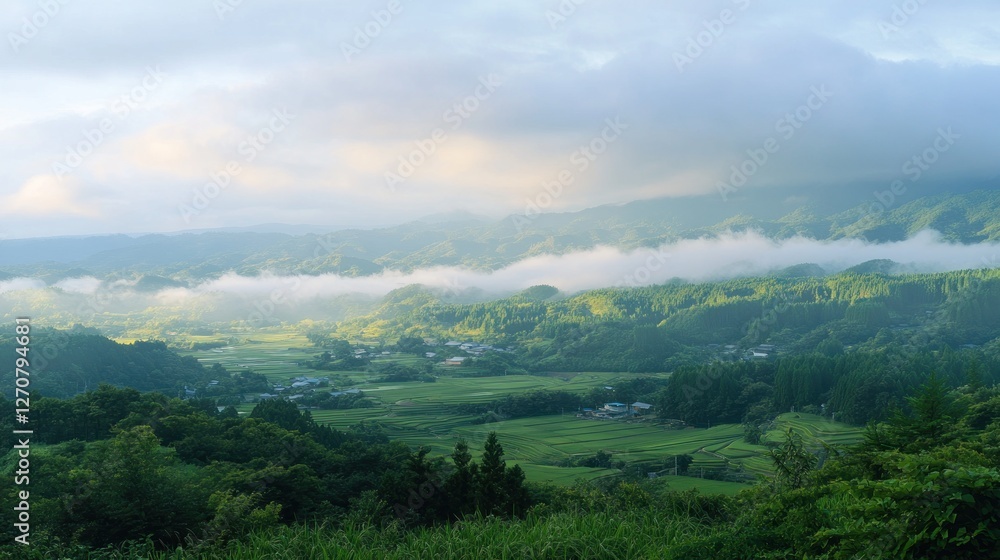 Fototapeta premium Misty mountain valley sunrise, rural village, scenic landscape, travel poster